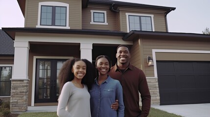 Fototapeta na wymiar Newly purchased home with an African American family, symbolizing ownership, beaming with pride for their real estate accomplishment. Generative AI