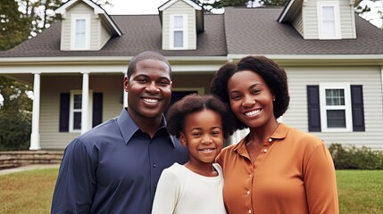 Newly purchased home with an African American family, symbolizing ownership, beaming with pride for their real estate accomplishment. Generative AI