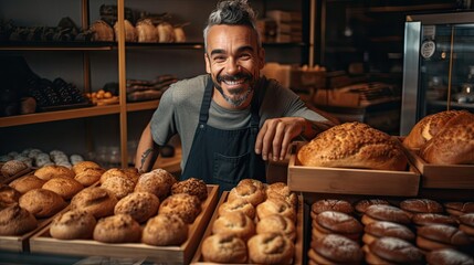 Male bakery owner exuding pride and confidence in a candid shot with his delicious baked goods, showcasing his entrepreneurship in the local community. Generative AI