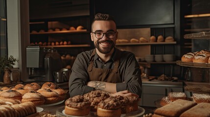 Fototapeta na wymiar Male bakery owner exuding pride and confidence in a candid shot with his delicious baked goods, showcasing his entrepreneurship in the local community. Generative AI