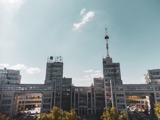 Naklejka premium Aerial Derzhprom building in Kharkiv city center, Ukraine. Constructivist architecture landmark