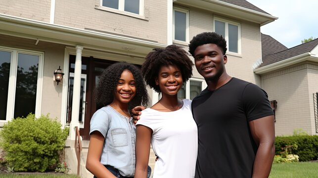 Newly purchased home with an African American family, symbolizing ownership, beaming with pride for their real estate accomplishment. Generative AI