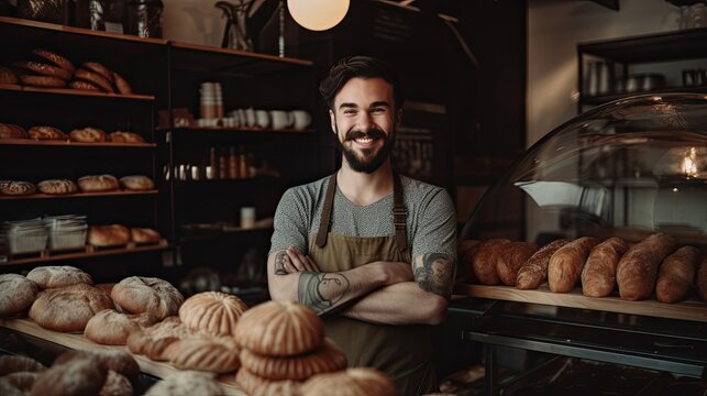 Male bakery owner exuding pride and confidence in a candid shot with his delicious baked goods, showcasing his entrepreneurship in the local community. Generative AI