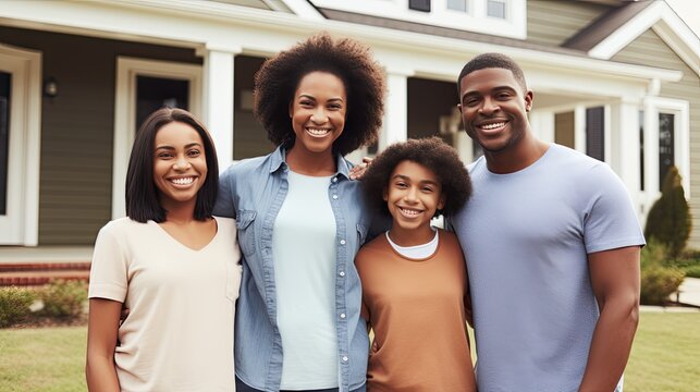 Newly purchased home with an African American family, symbolizing ownership, beaming with pride for their real estate accomplishment. Generative AI