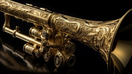 Naklejka premium A shiny, gold trumpet with intricate details and engravings. Generative AI