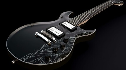 A sleek, black electric guitar with silver hardware and a lightning bolt design. Generative AI