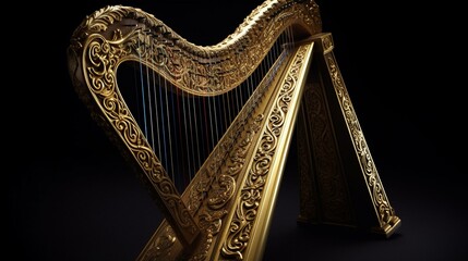 An ornate harp with intricate carvings and strings made of shimmering gold. Generative AI