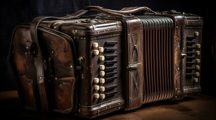 A vintage accordion, with aged leather straps and intricate metal detailing. Generative AI - obrazy, fototapety, plakaty