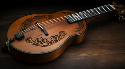 Obraz premium A beautiful, handcrafted mandolin, with a carved wooden body and delicate strings. Generative AI