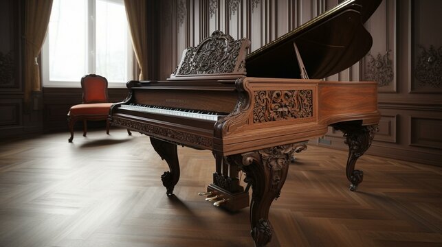 A grand piano with a beautifully carved wooden case, situated in a luxurious living room. Generative AI