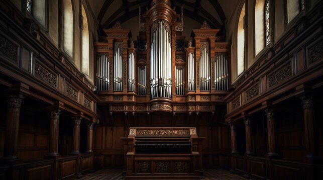 A majestic grand pipe organ, with intricate pipes and a stunning wooden case. Generative AI