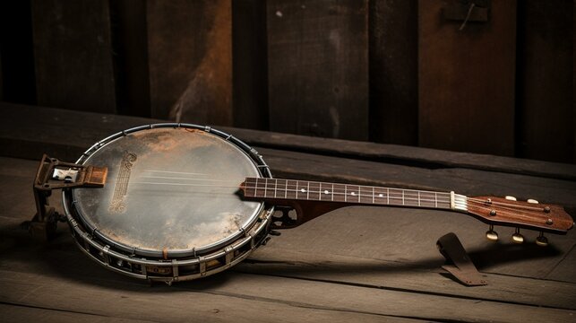A rustic banjo, with a worn wooden body and metal strings. Generative AI
