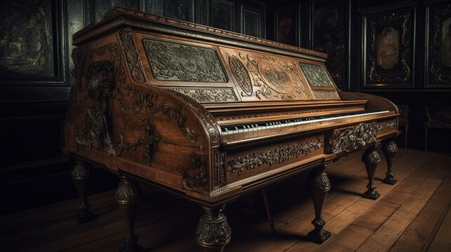 A stunning grand harpsichord with intricate carvings and shimmering strings. Generative AI