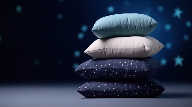 Pyramid stack of soft Pillow on star night background. Concept of good healthy sleep, sweet dreams and hypnotic pills. Good night and deep sleeping in bed.
