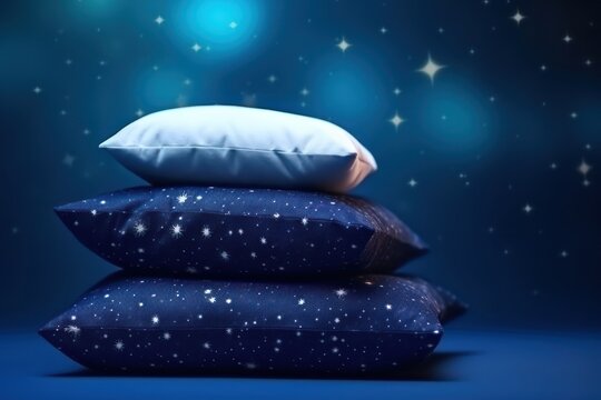 Pyramid stack of soft Pillow on star night background. Concept of good healthy sleep, sweet dreams and hypnotic pills. Good night and deep sleeping in bed.
