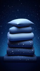 Pyramid stack of soft Pillow on star night background. Concept of good healthy sleep, sweet dreams and hypnotic pills. Good night and deep sleeping in bed.