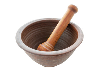 clay mortar and wooden pestle, isolated background