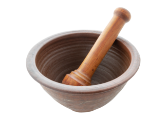 clay mortar and wooden pestle, isolated background
