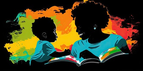 colorful illustration of a parent and child reading a book