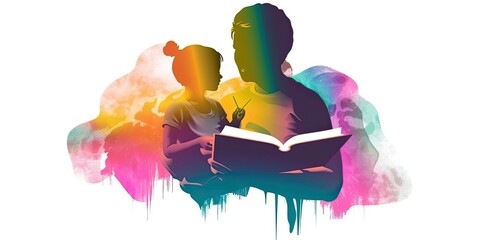 colorful illustration of a parent and child reading a book