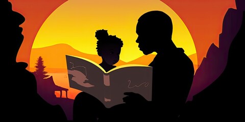 colorful illustration of a parent and child reading a book
