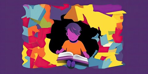 colorful illustration of a child reading a book