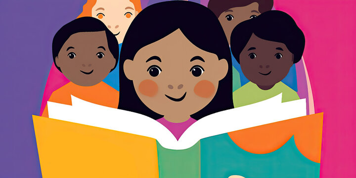 colorful illustration of a child reading a book