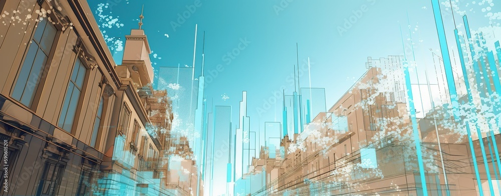 Aufkleber multi exposure of virtual abstract financial graph interface on city buildings and skyline backgroun