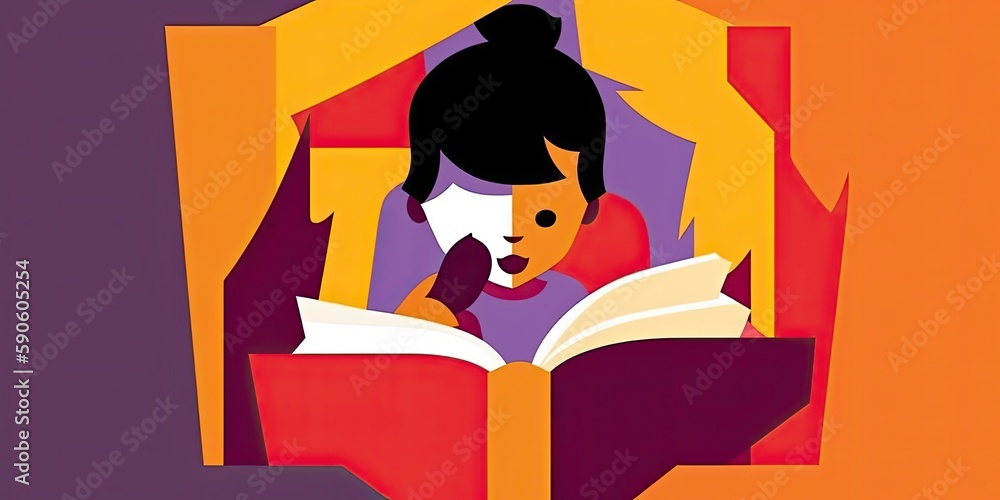 Wall mural colorful illustration of a child reading a book