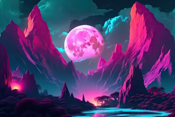 Obraz premium Landscape with moon and mountains. AI generated art illustration.