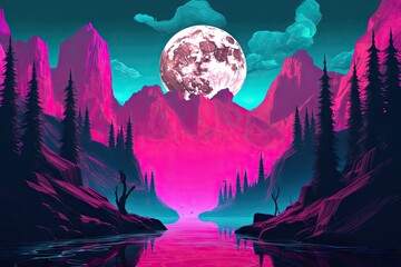 Fototapeta na wymiar Landscape with moon and mountains. AI generated art illustration.