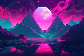 Fototapeta premium Landscape with moon and mountains. AI generated art illustration.