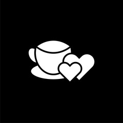 Coffee cup with heart decoration hot beverage in doodle style isolated on black background.