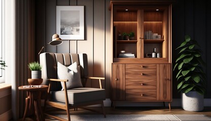 3d rendering depicting an inviting interior, complete with a wooden cabinet and a cozy armchair, generative AI