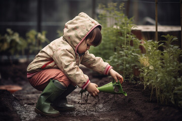 A child watering plants in a garden, Earth Day Generative AI