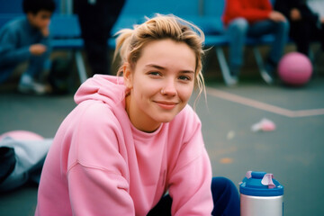 blonde woman with pink sweatshirt smiling sitting next to basketball court - Generative AI