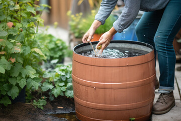 A person using a rain barrel to collect water, Earth Day Generative AI