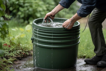 A person using a rain barrel to collect water, Earth Day Generative AI