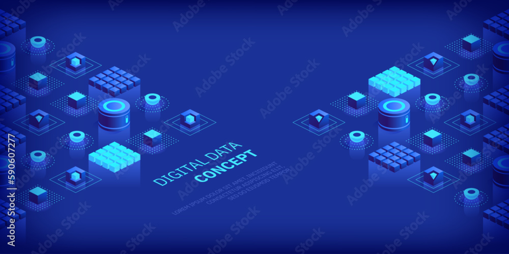 Poster geometric abstract background with trendy isometric shapes, cubes and dynamic composition. digital d