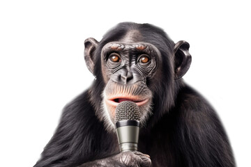 Chimpanzee With Microphone On Isolated Transparent Background, Png. Generative AI