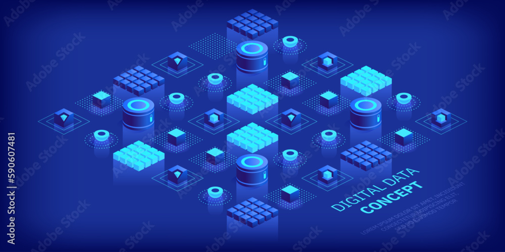 Poster geometric abstract background with trendy isometric shapes, cubes and dynamic composition. digital d