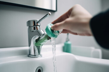 A person turning off the tap while brushing their teeth, Earth Day Generative AI