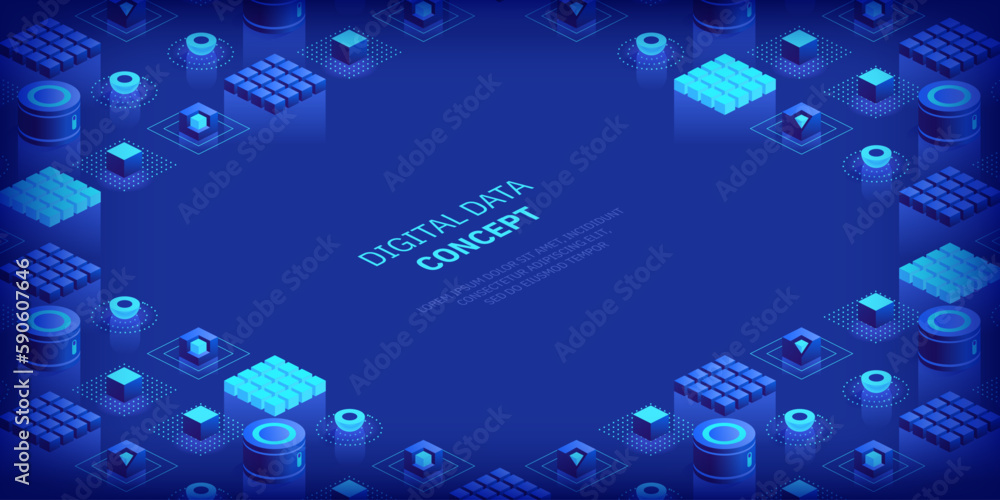 Poster geometric abstract background with trendy isometric shapes, cubes and dynamic composition. digital d