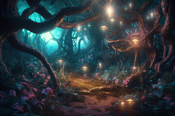 Fototapeta na wymiar abstract cartoon forest magical fantasy landscape background generative ai