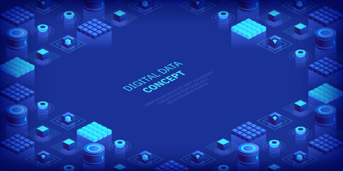 Geometric abstract background with trendy isometric shapes, cubes and dynamic composition. Digital data concept with 3d perspective elements. Vector illustration