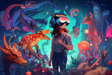 girl examines underwater fantasy vr world amazing cartoon world abstract background generative ai