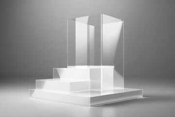 White backdrop with a transparent glass step and podium lighting concept in the illustration. Generative AI