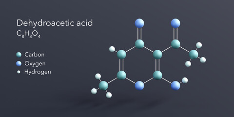 dehydroacetic acid molecule 3d rendering, flat molecular structure with chemical formula and atoms color coding