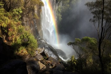 Fototapeta na wymiar Rainbow That Is Visible Only As Faint, Ephemeral Mist Above The Waterfall. Generative AI