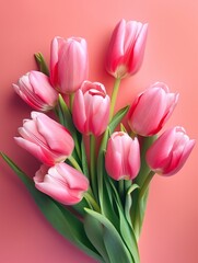Obraz na płótnie Canvas Empty clean solid pink background with fresh tulip flowers. Springtime holidays vertical greeting card template. AI generative image.